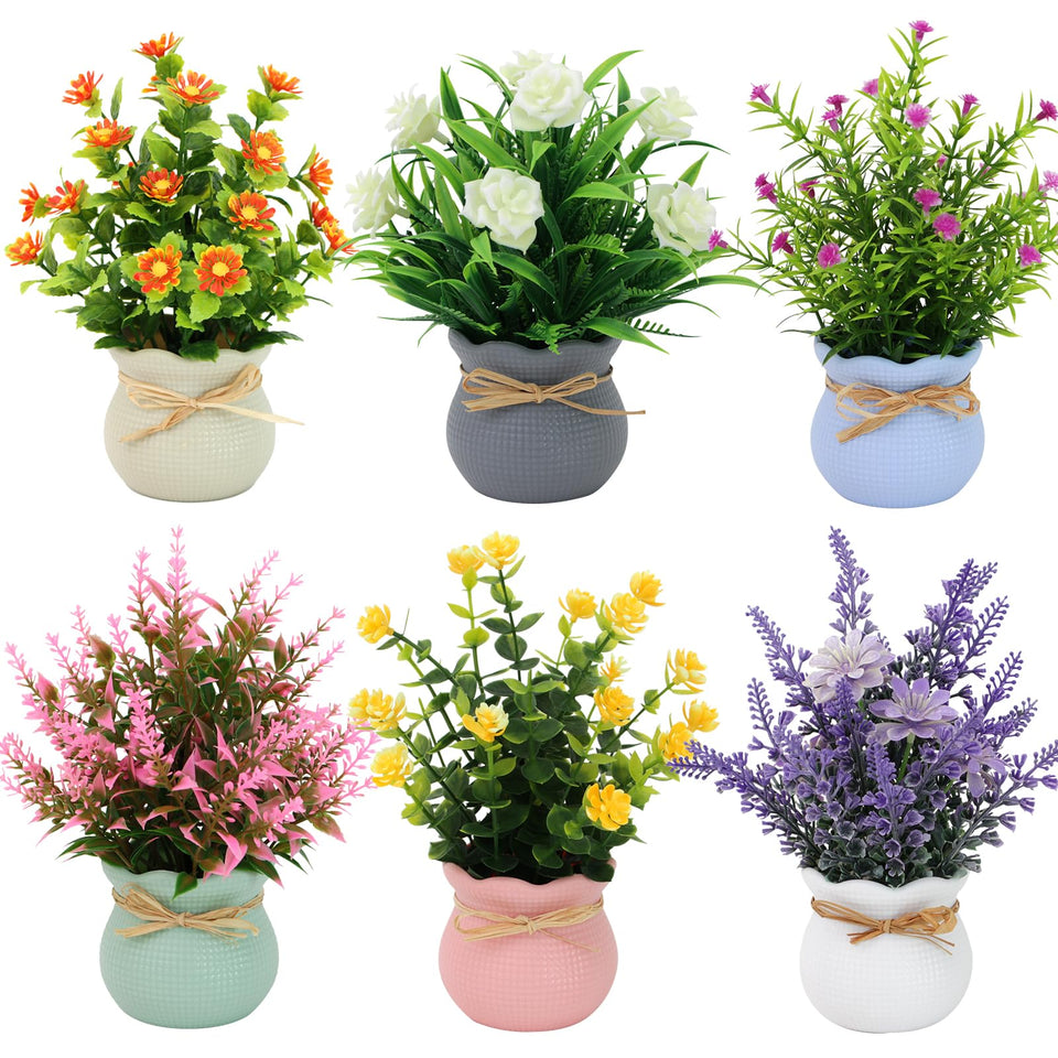 Yoratee 6pcs artificial flowers in mini pots for vibrant home decor.