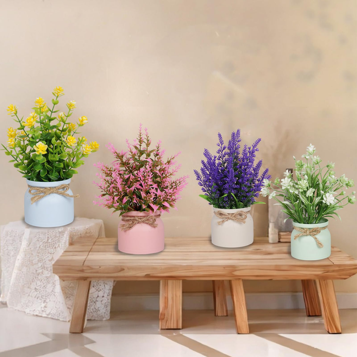 Yoratee pot flowers serve as a low-maintenance office centerpiece.