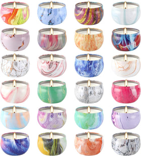 YOROXRG 24-pack travel tin candles close-up, natural soy wax and durable wick.