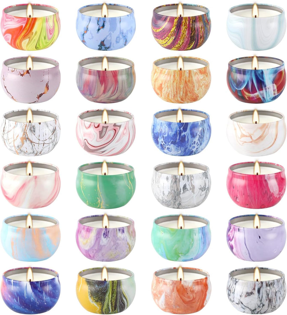 YOROXRG 24-pack travel tin candles close-up, natural soy wax and durable wick.
