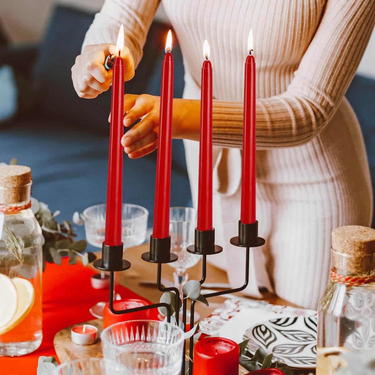 YOROXRG wedding table setting with warm red taper candles.