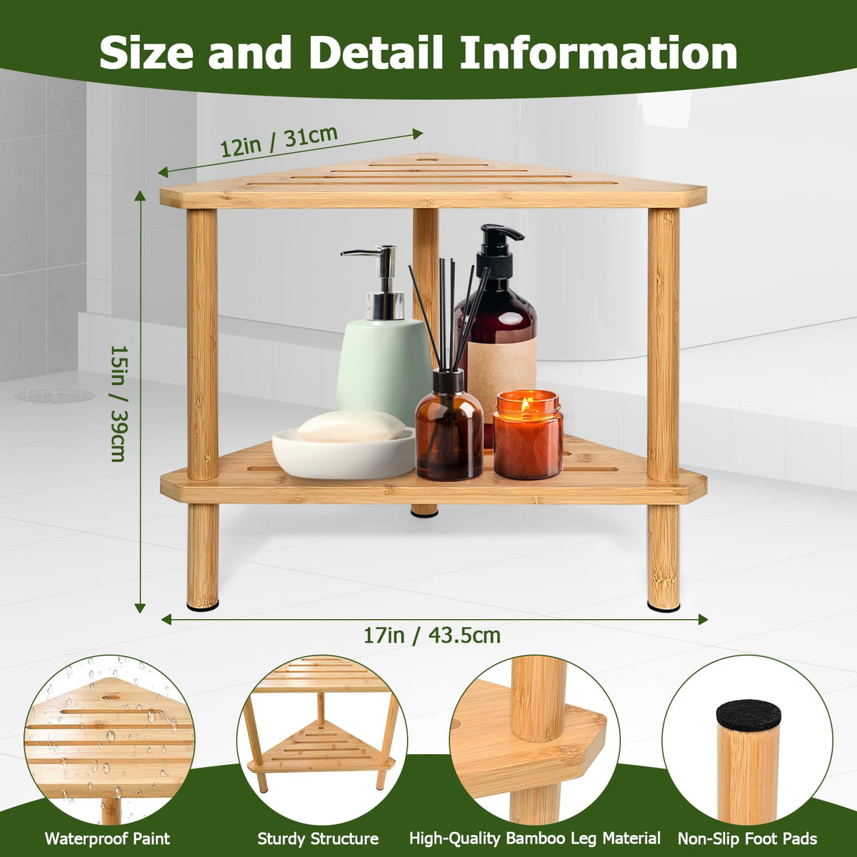 Yoshiky bamboo shower stool with storage shelves in a compact corner