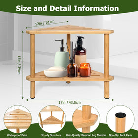 Yoshiky bamboo shower stool with storage shelves in a compact corner