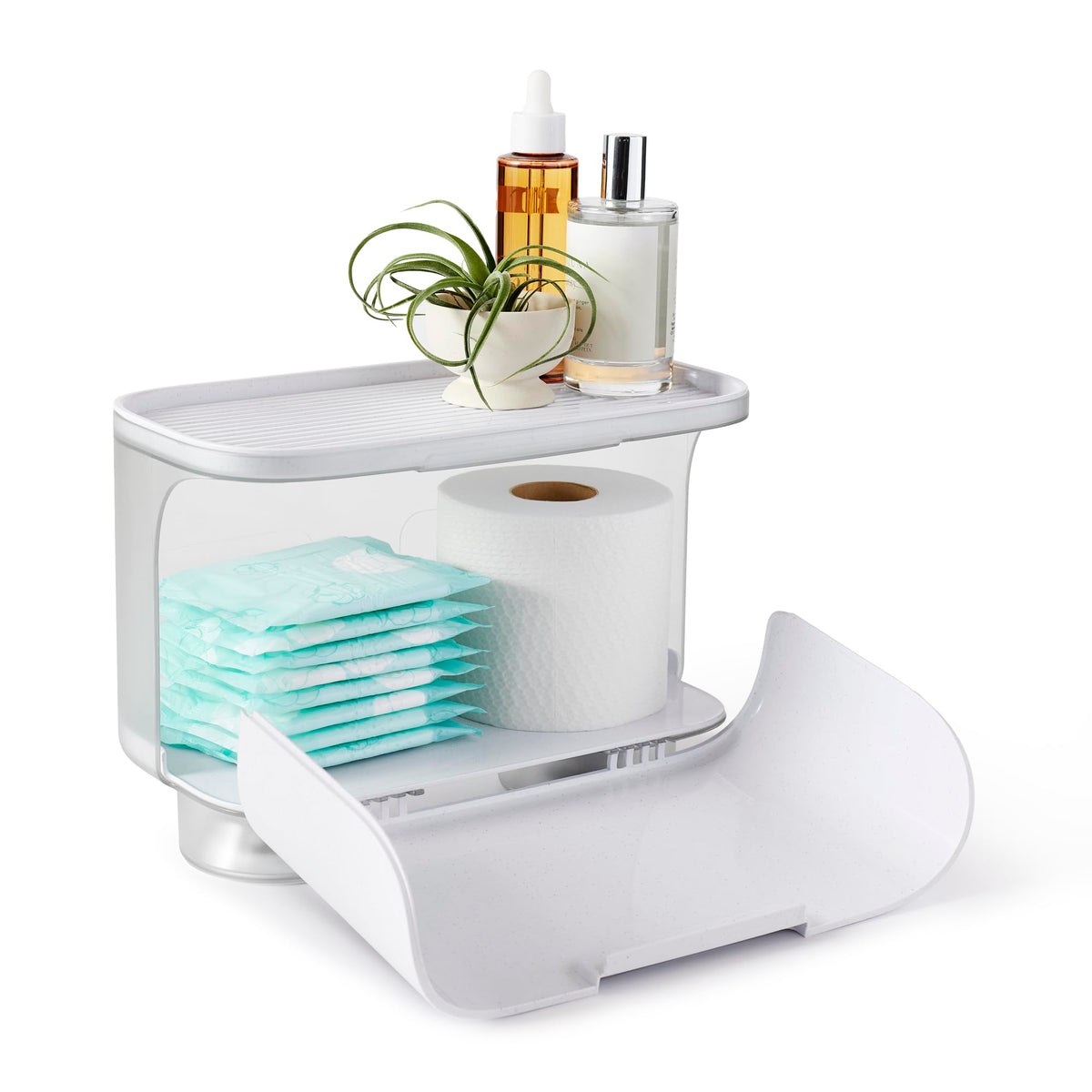 YouCopia Hideaway Toilet Cabinet front view showing secure suction and accessible storage