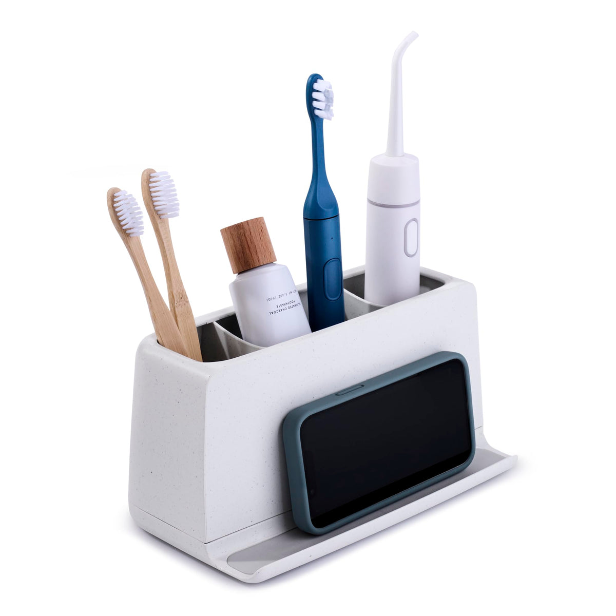 YouCopia The Ledge three-slot toothbrush holder neatly organizes manual and electric brushes.