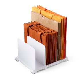 YouCopia StoraBag base with dividers keeps bags upright for quick access.