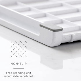 YouCopia StoraBag soft non-slip feet stabilize the unit on shelves.