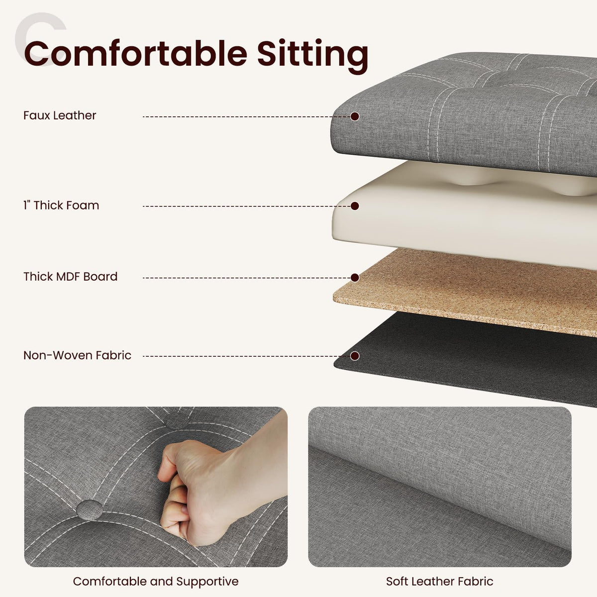 YOUDENOVA 15-inch ottoman supports up to 300 lbs for versatile seating options.