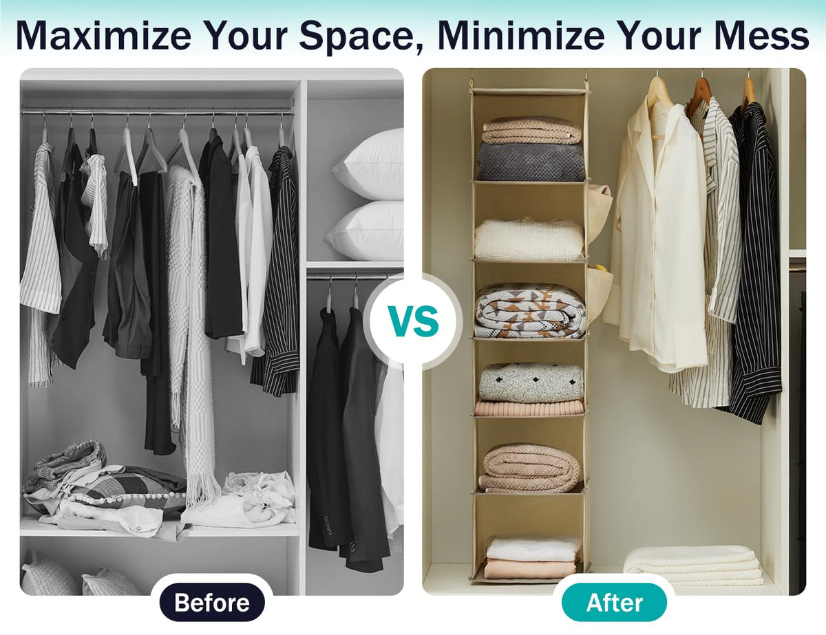 YOUDENOVA organizer mounted on closet rod in a wardrobe for space-efficient storage
