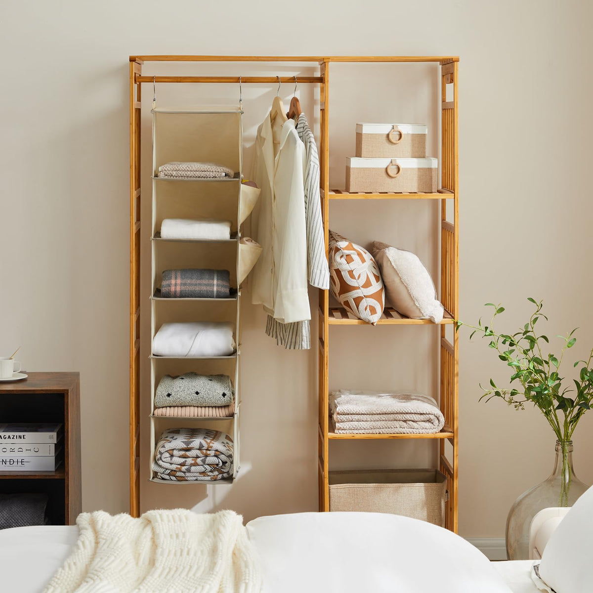 YOUDENOVA beige closet organizer side view showing durable frame and accessible pockets