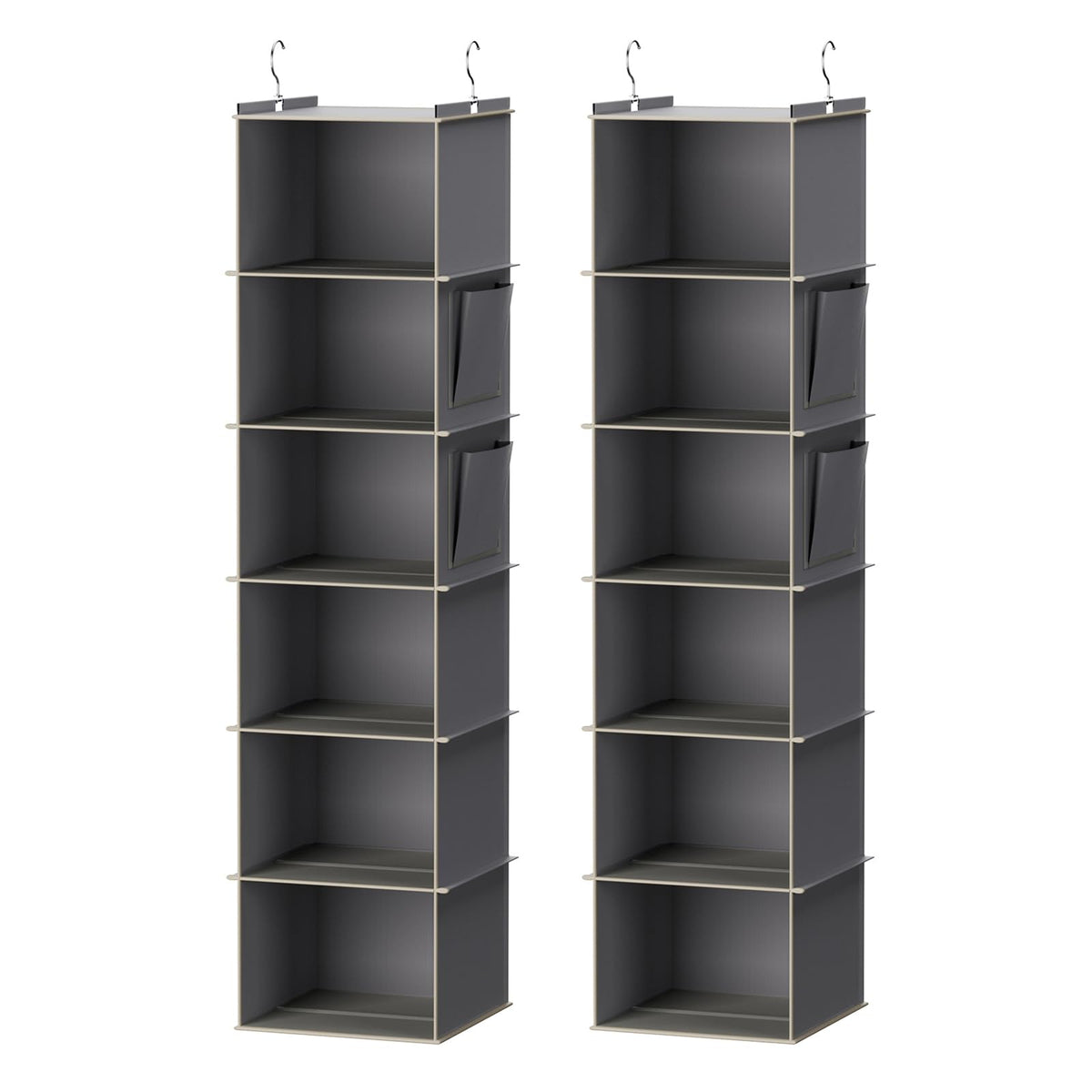 YOUDENOVA hanging closet organizer with six grey shelves for organized outfits.