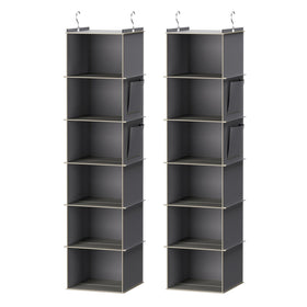 YOUDENOVA hanging closet organizer with six grey shelves for organized outfits.