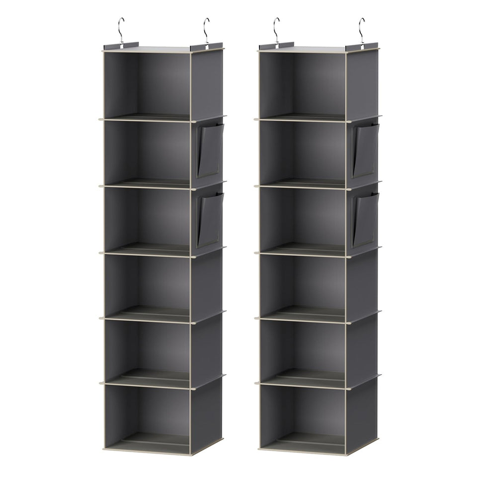 YOUDENOVA hanging closet organizer with six grey shelves for organized outfits.
