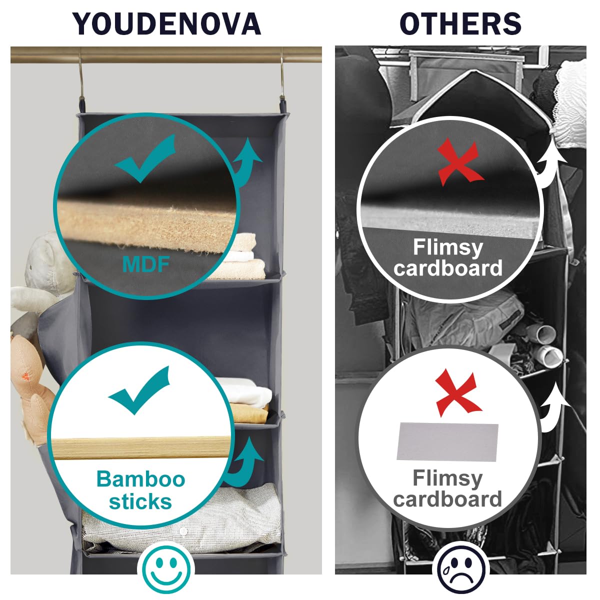 Six-shelf YOUDENOVA unit uses bamboo inserts to prevent bending.