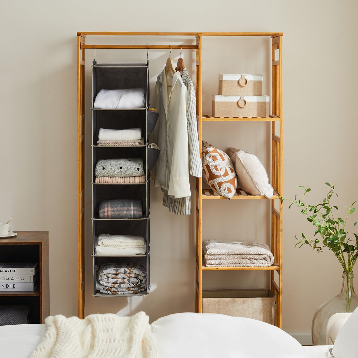 YOUDENOVA closet organizer features side pockets for small accessories.
