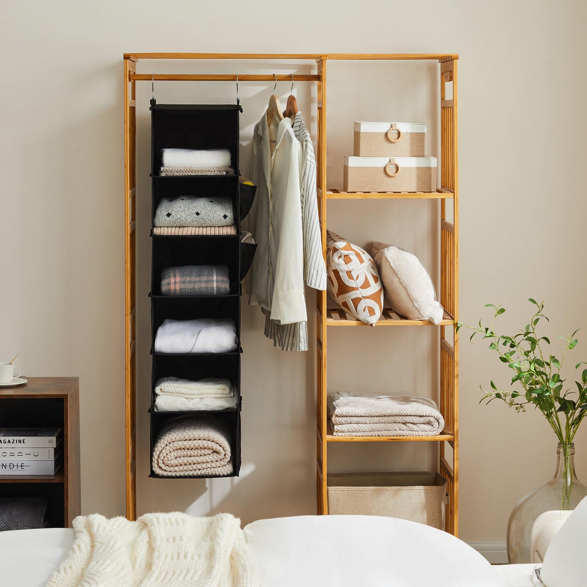 YOUDENOVA hanging closet organizer on rod shows easy suspension for organized space.
