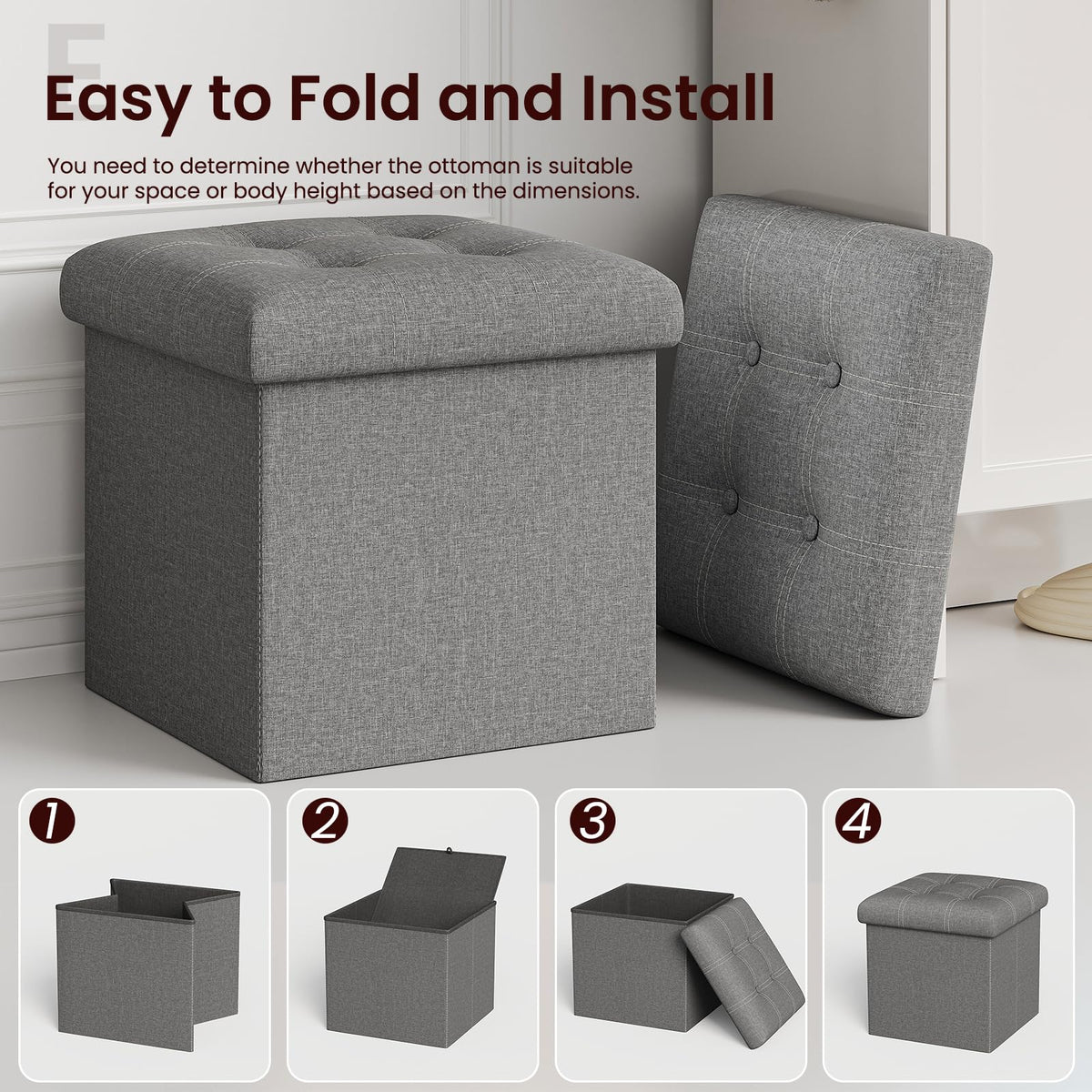 YOUDENOVA padded-seat ottoman demonstrates quick assembly suitable for dorms and apartments.