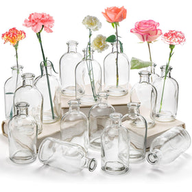 YOUEON 16-pack clear glass bud vases arranged as elegant centerpieces
