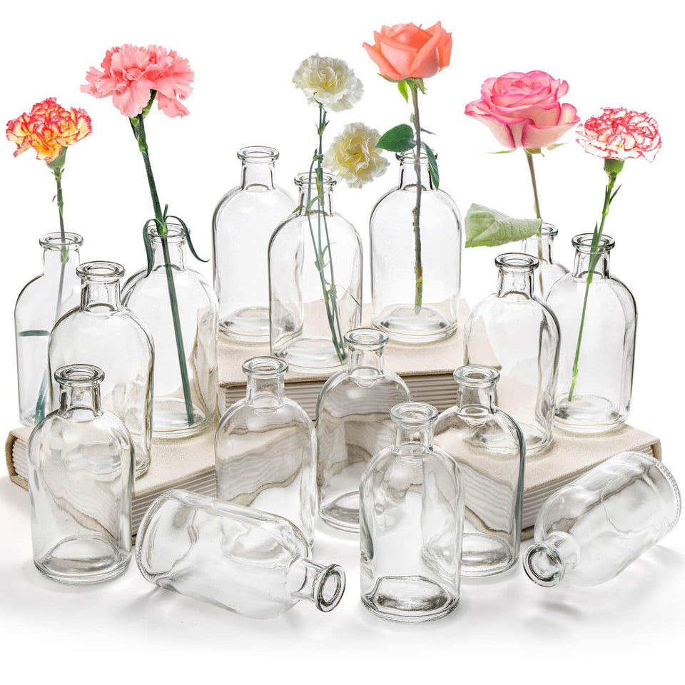 YOUEON 16-pack clear glass bud vases arranged as elegant centerpieces