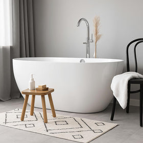 Youeon stool in bathroom demonstrating compact height for reach.