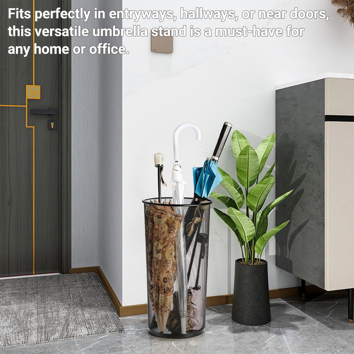 Youeon entryway organization shot demonstrates clutter-free umbrella storage.