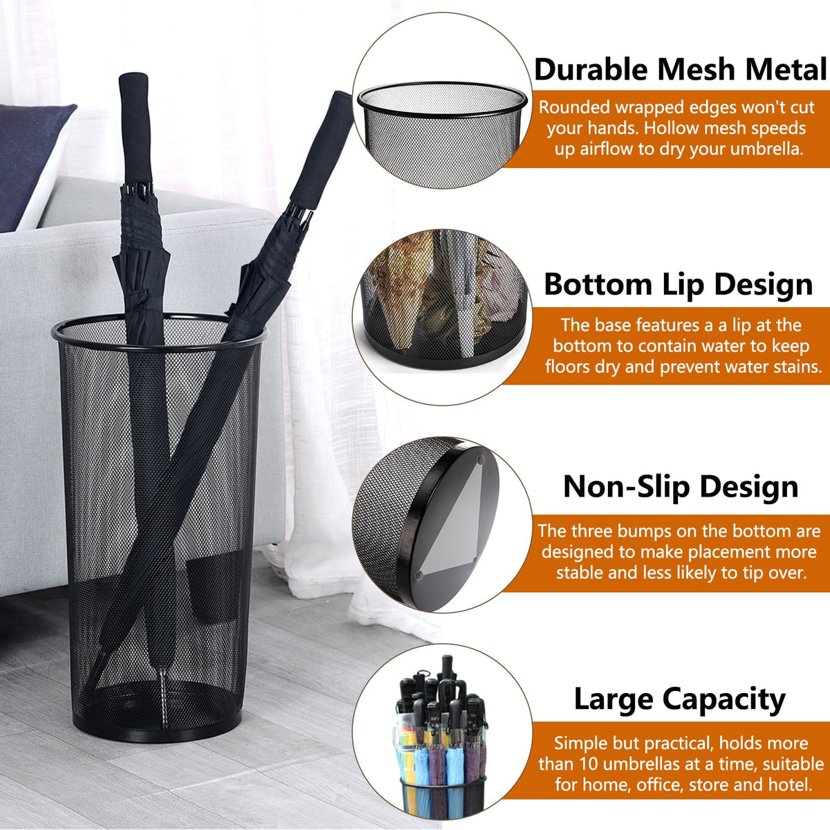 Youeon umbrella holder showing a sturdy base that resists tipping with heavy umbrellas.