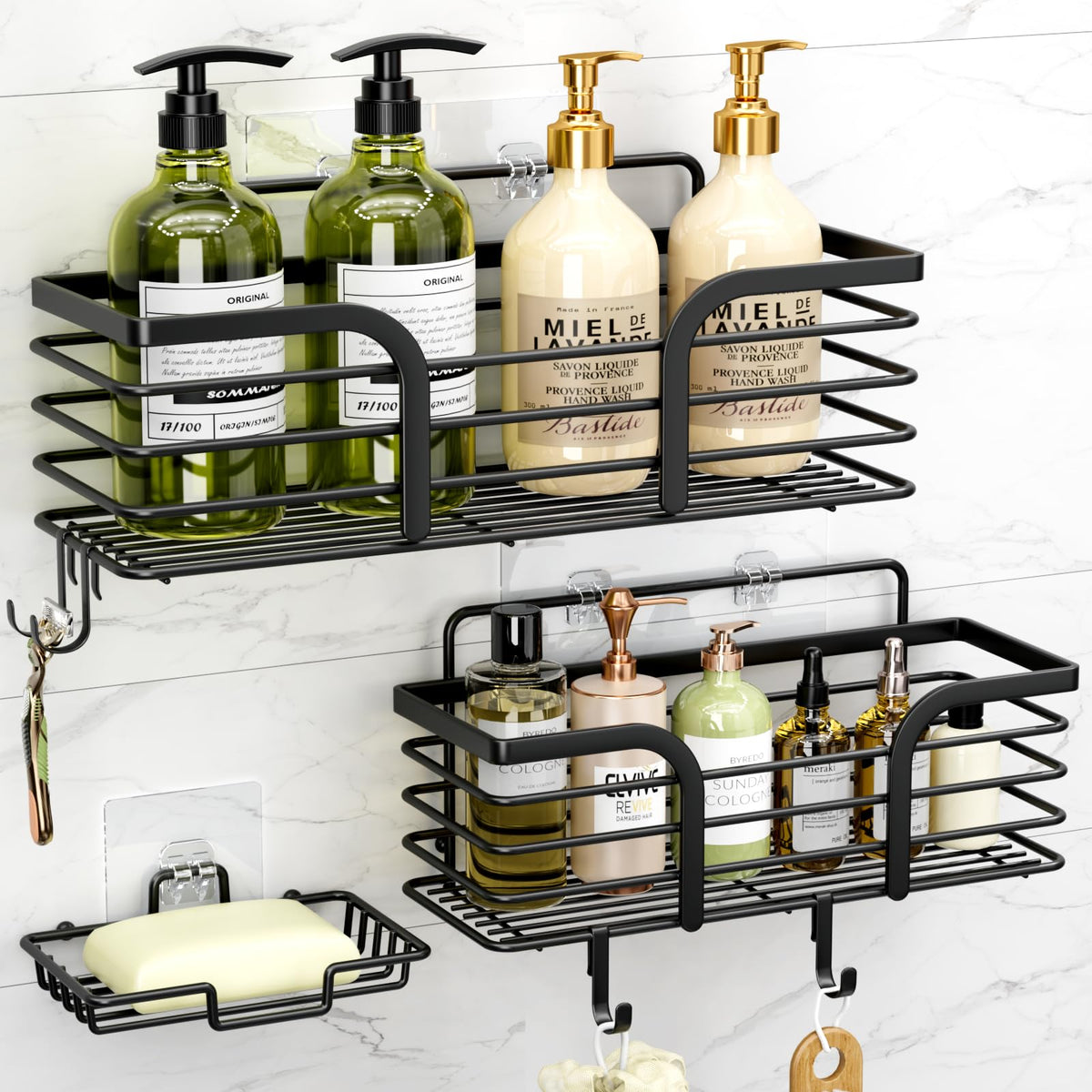 Yougai shower caddy main shelf neatly holds bottles for a tidy shower
