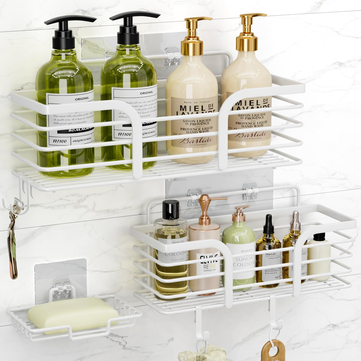 Yougai Shower Caddy top view for tidy, reachable bathroom storage.