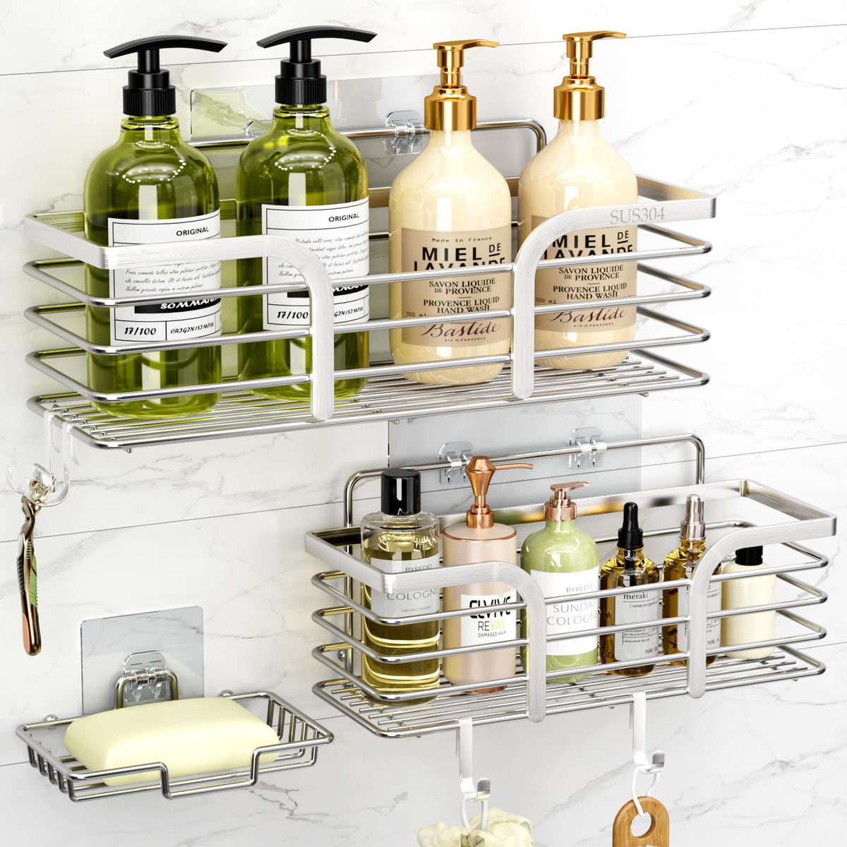 Yougai Shower Caddy wall-mount silver, rustproof and organized.