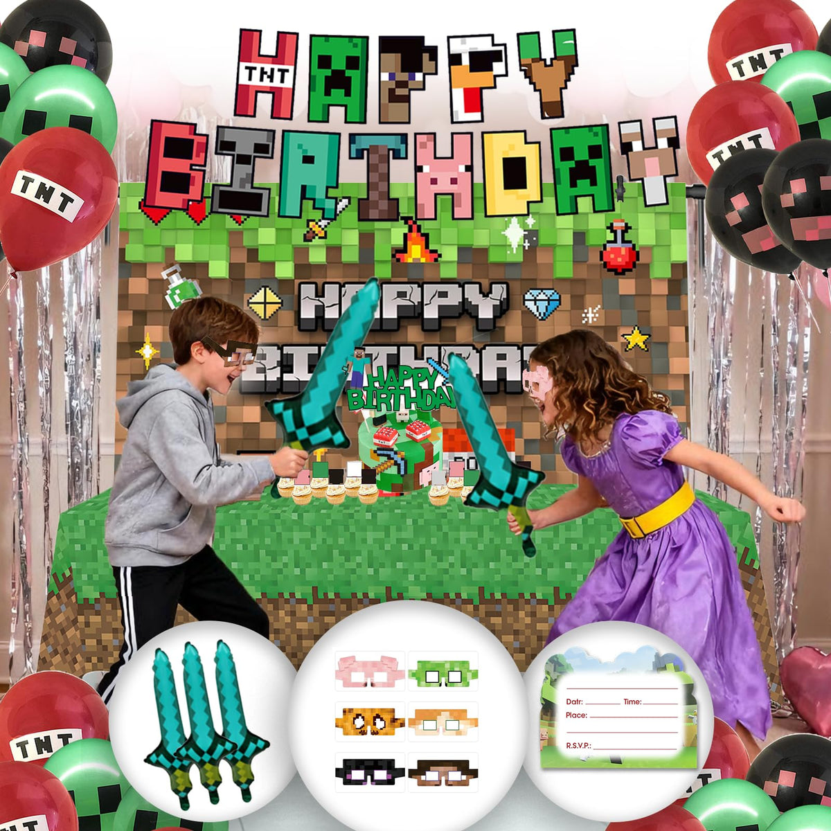 Youkali Pixel banner boosts the party backdrop and photo moments.
