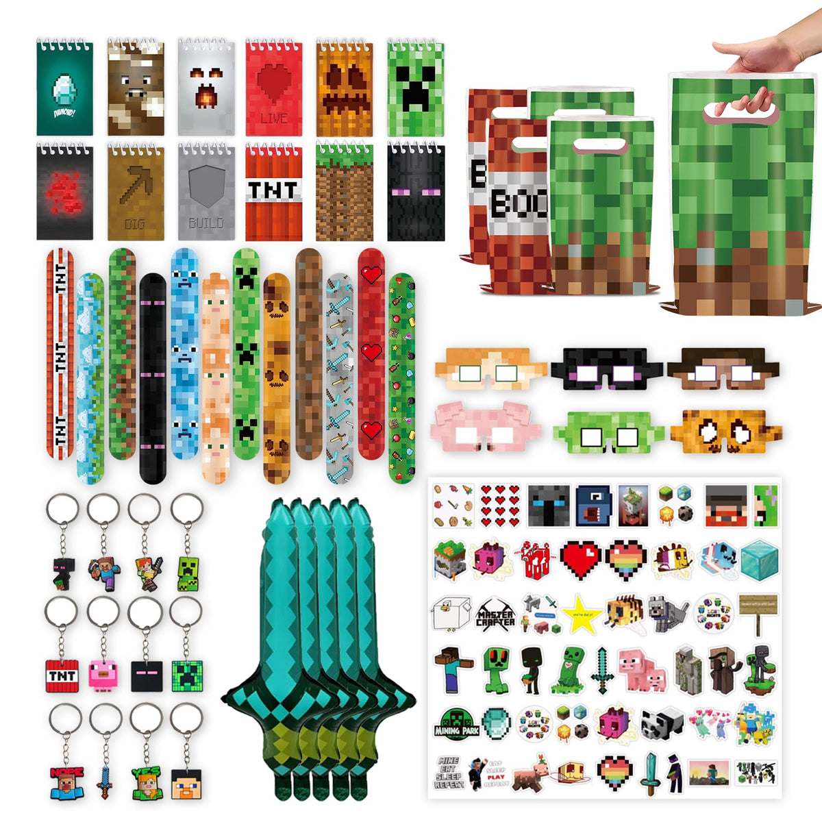 Youkali Pixel Theme party favors packaged for quick, colorful party setup.