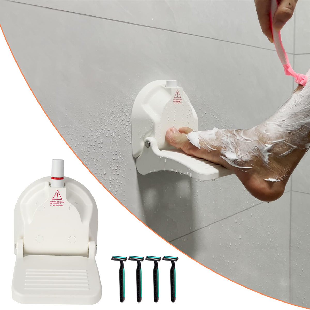 Youmtool shower foot rest adheres securely to tiled walls for stable shaving.