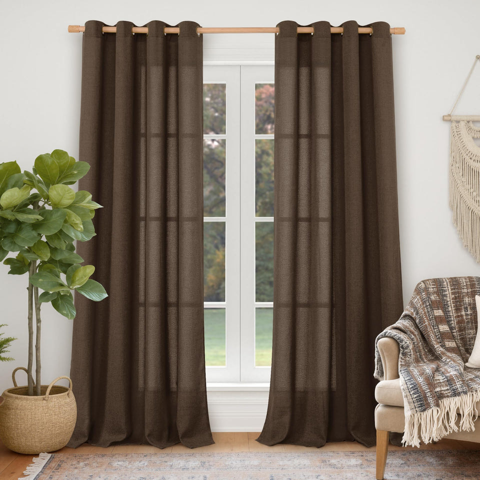YoungsTex brown linen curtains texture close-up for a cozy living room.