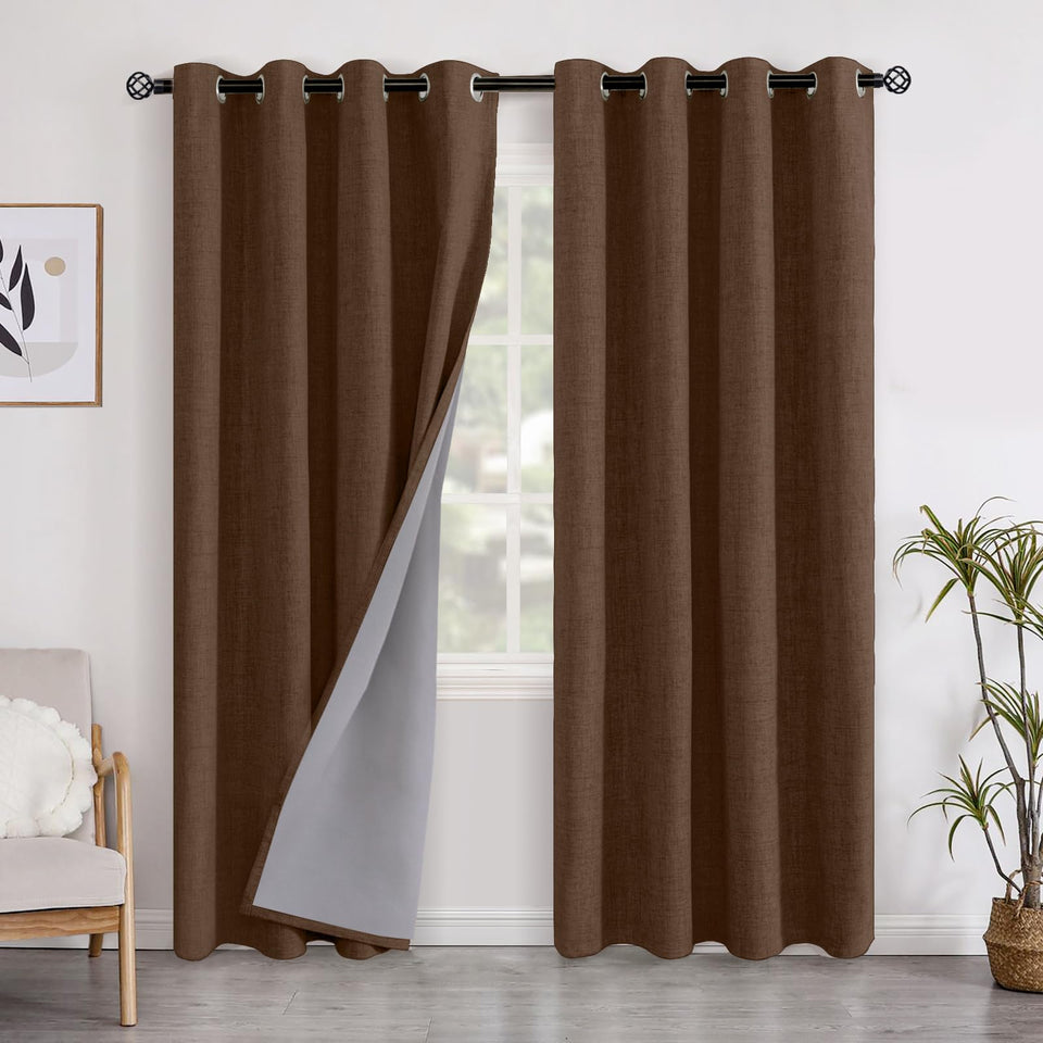 YoungsTex brown linen blackout curtains 52x84 panel close-up shows premium fabric for privacy.