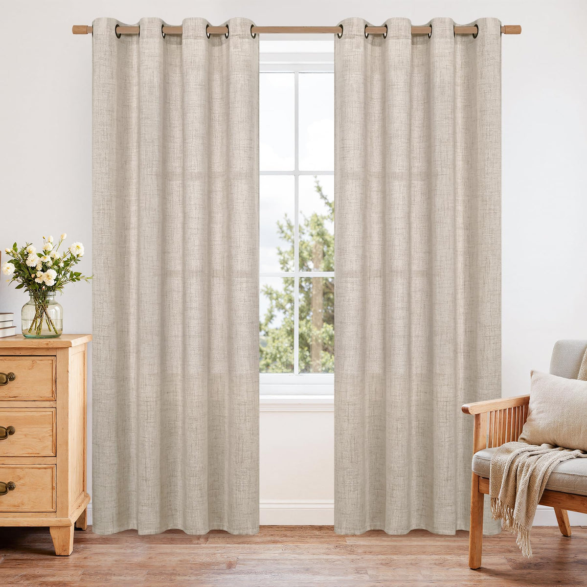 YoungsTex beige semi-sheer curtains 84in soften daylight for a cozy living room.