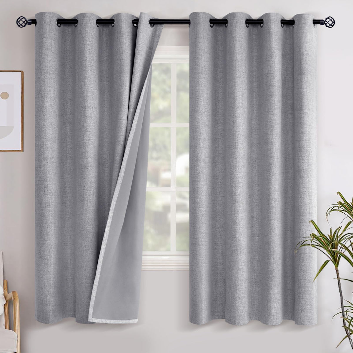 YoungsTex grey linen blackout curtains panel with grommets blocks light for privacy.