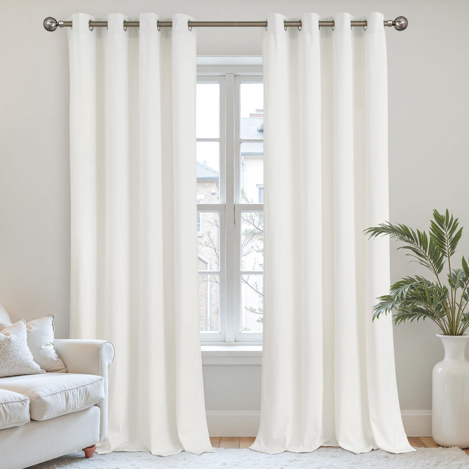 YoungsTex Ivory White Velvet Curtains in 84 inches provide privacy and subtle room-darkening.