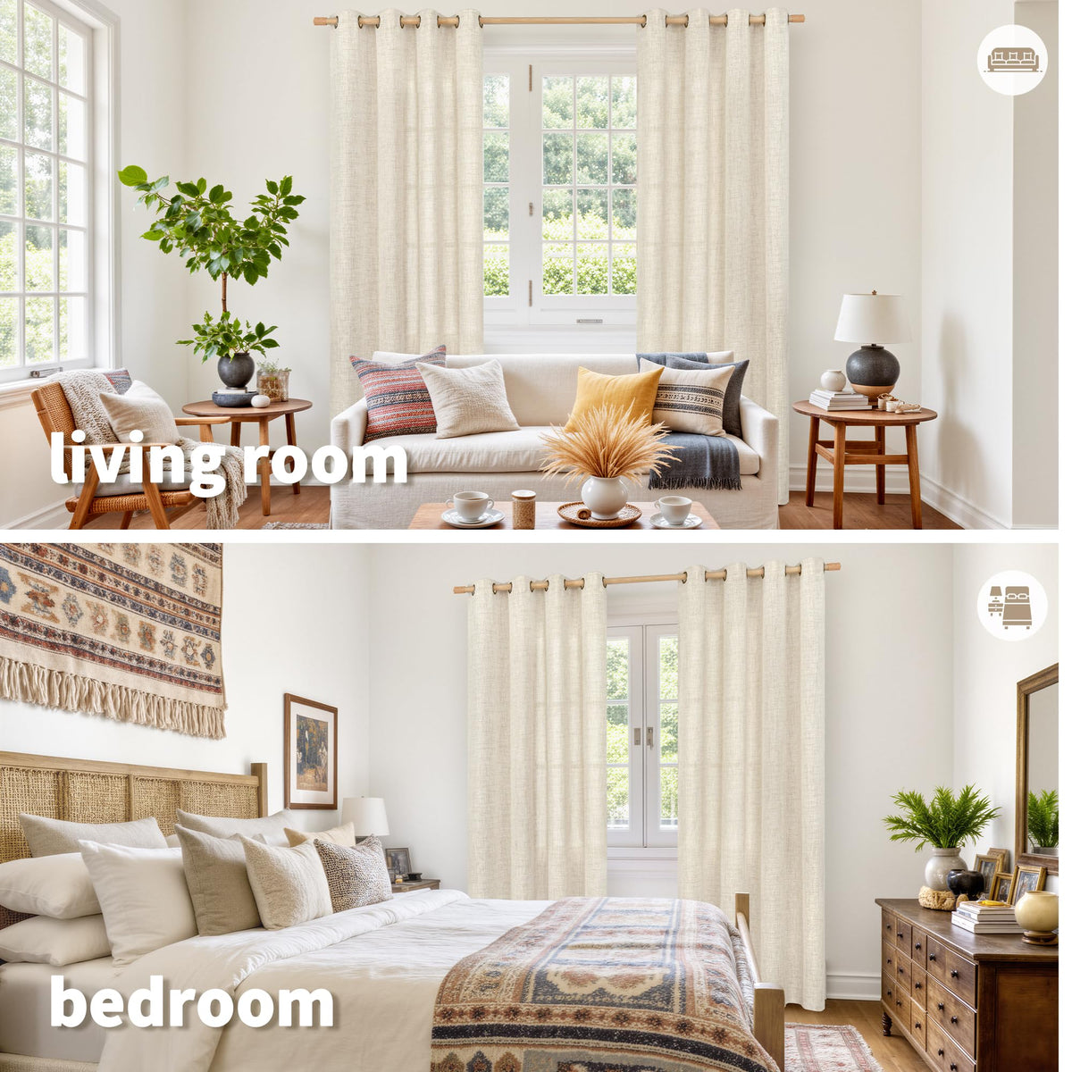YoungsTex light-filtering curtains 84 inches long create soft, diffused daylight.