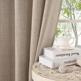 YoungsTex Oatmeal Linen wrinkle-free drapes for easy care.