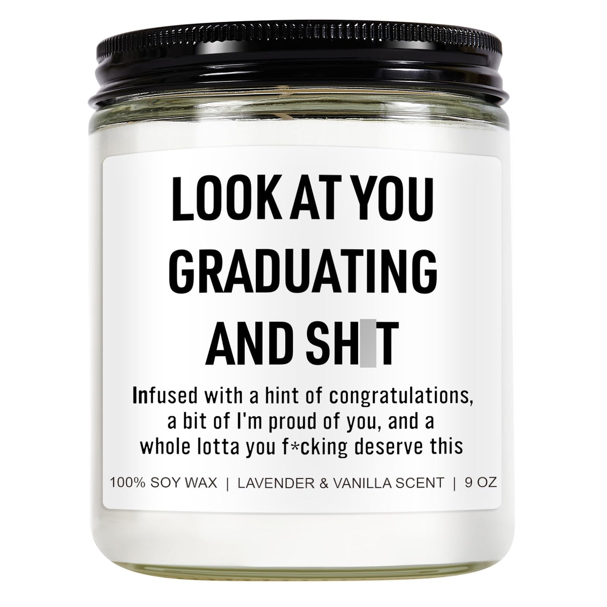 Younift Funny Grad Candle label featuring a witty graduation message for celebrations