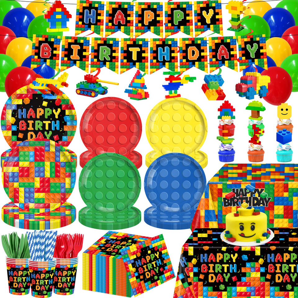 YOURUIYF building block party plates 9-inch showcase bold colors for kid-friendly dining.