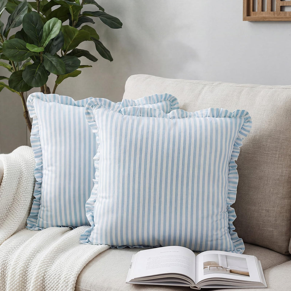 Yousoontic coastal stripe with ruffle 20x20 pillow cover on sofa.