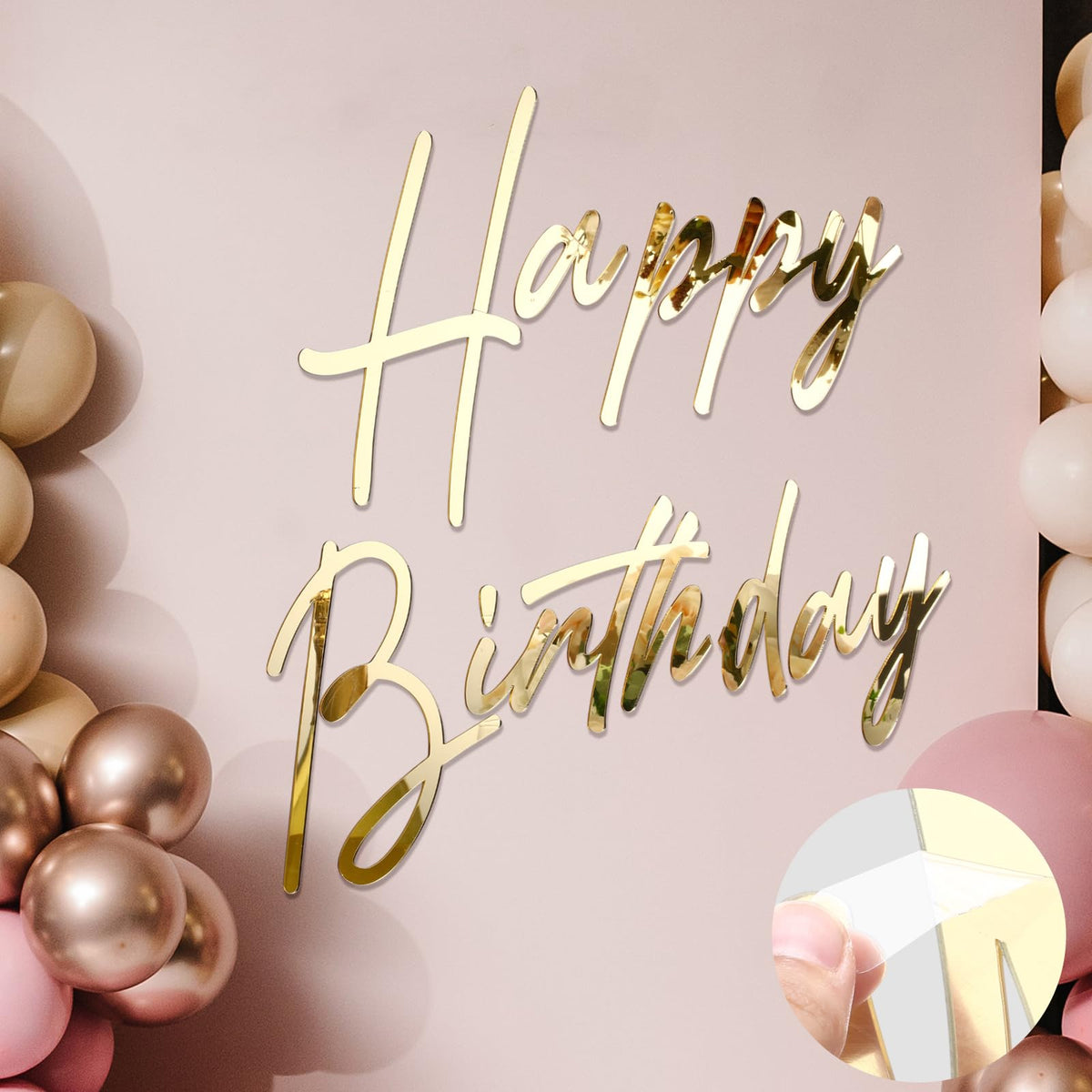 Yousoontic Happy Birthday sign backdrop with gold mirrored letters for elegant party photos.