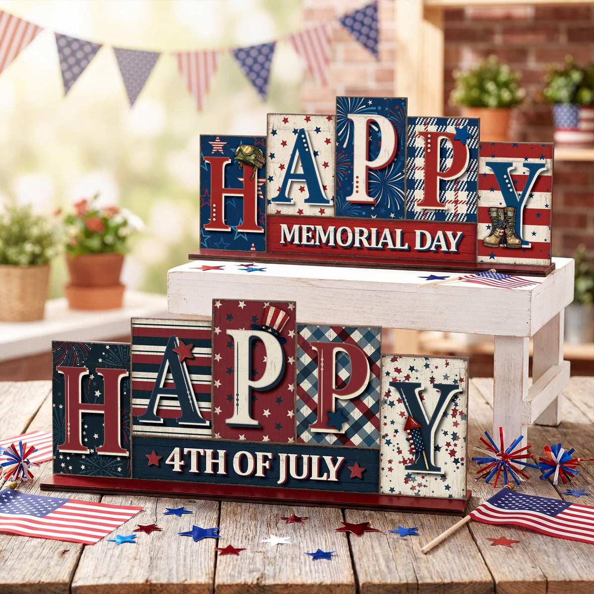 Yousoontic patriotic decor ideal for mantels, tables, and tiered trays.