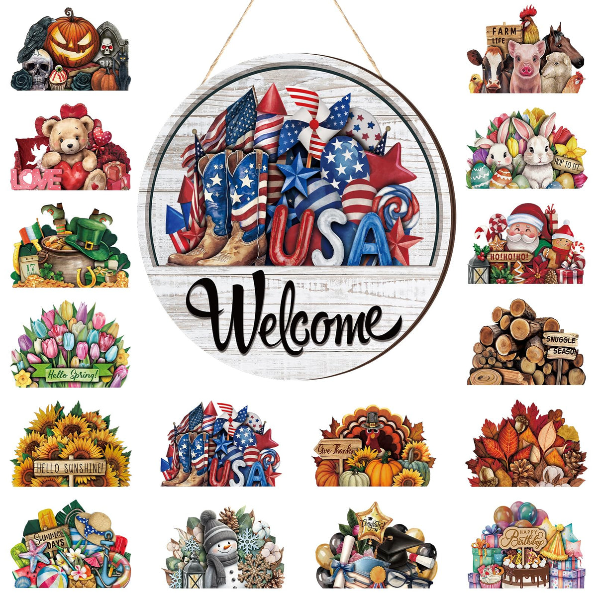Yousoontic welcome sign disc displaying interchangeable themes for year-round curb appeal