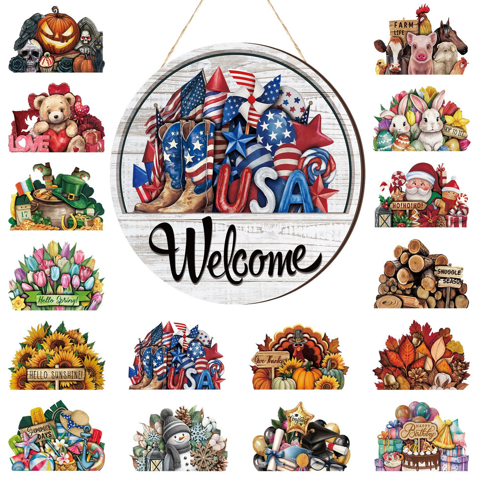 Yousoontic welcome sign disc displaying interchangeable themes for year-round curb appeal