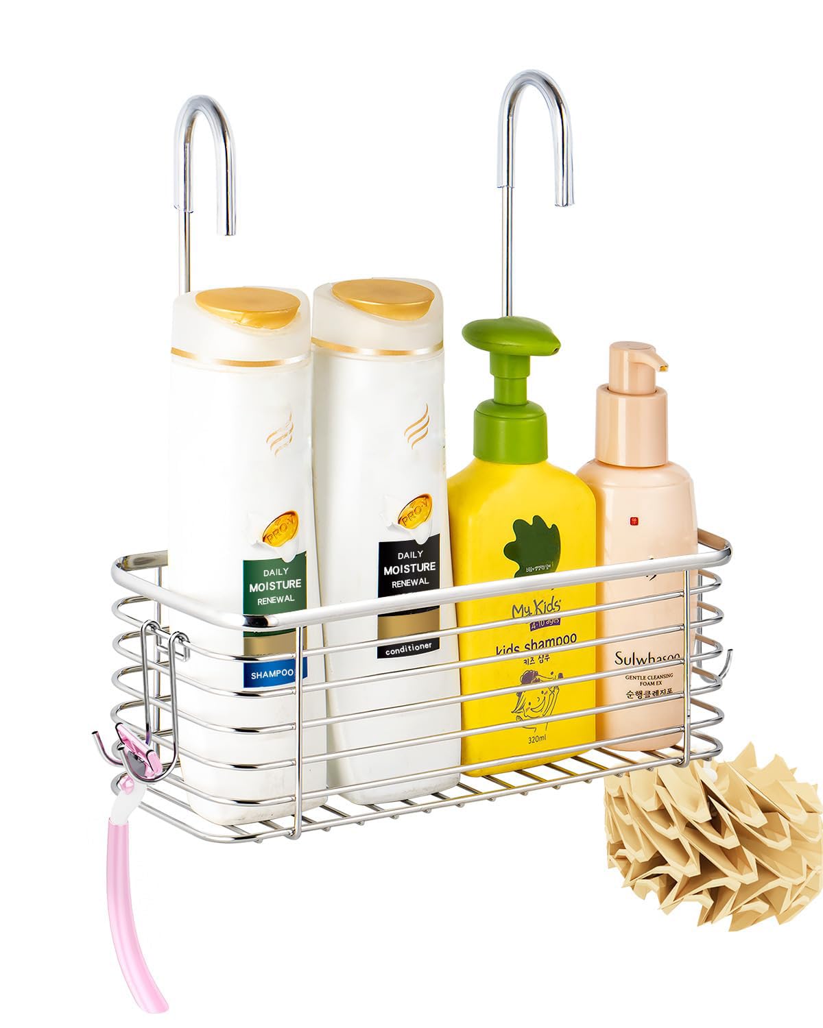 YQh hanging shower rack front view highlights accessible storage and quick drying.