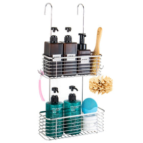 YQh stainless-steel double-layer shower rack mounted on a door, keeping shampoo within reach.