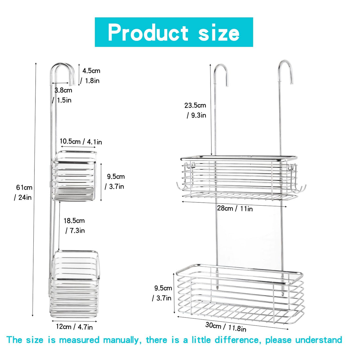 YQh two-tier shower rack with spacious baskets for bottles and soaps.