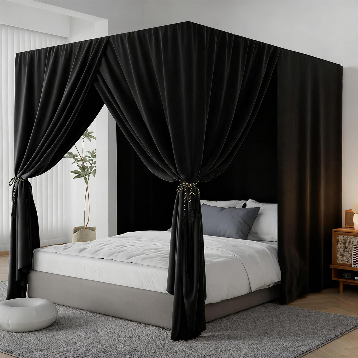 YRDKB Black canopy bed curtains assembly view showing quick setup